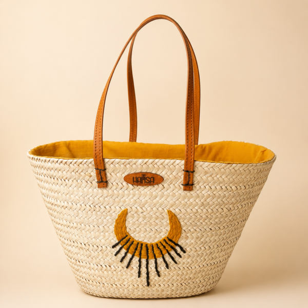 Couffin Celestia – Panier d’Été en Fibre Naturelle avec Motif Croissant de Lune
