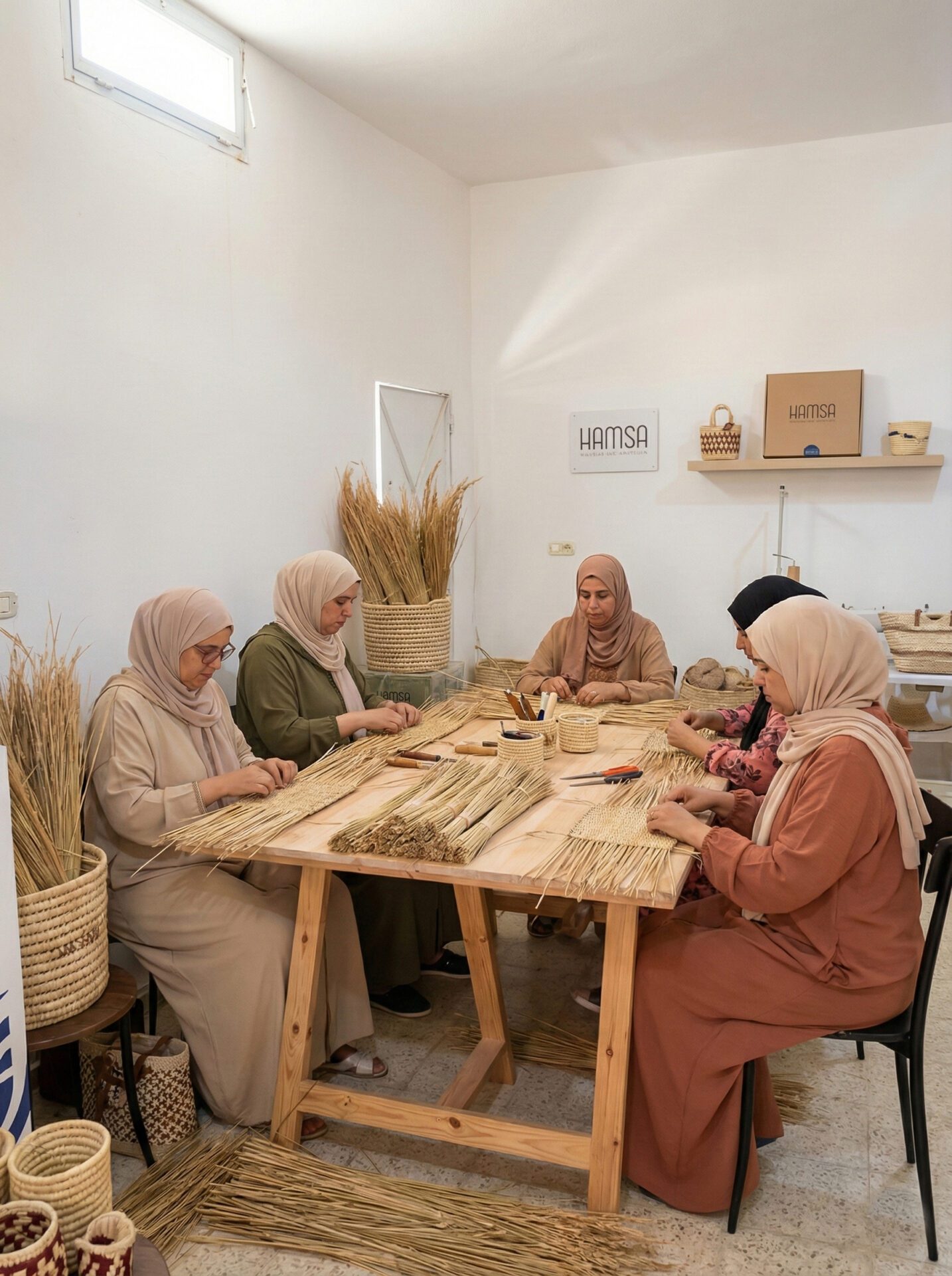 Art du tressage tunisien dans l’atelier Hamsa à Gabès, artisanes au travail