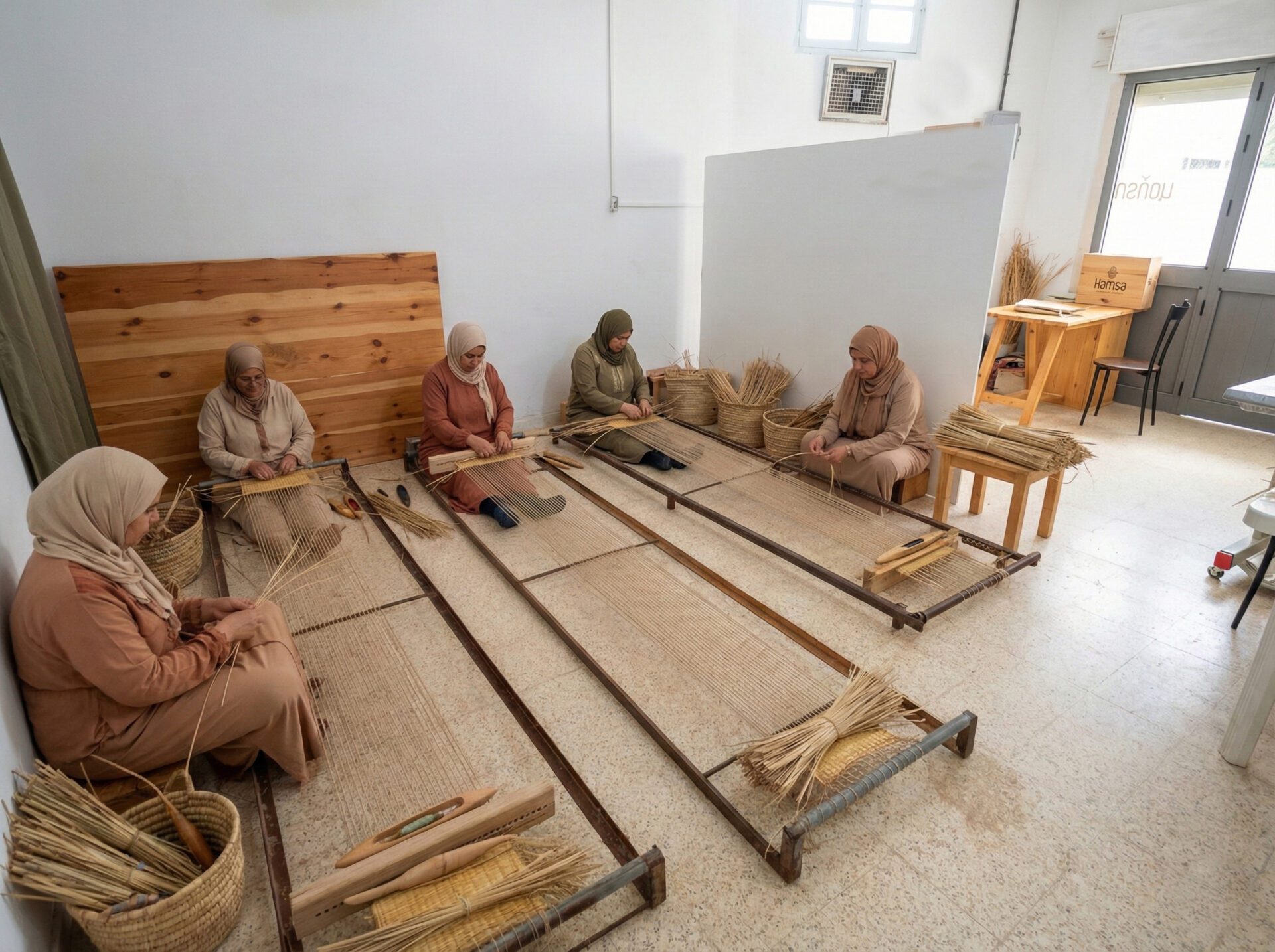 Artisanes Hamsa tressant le jonc, illustration de l’art du tressage tunisien